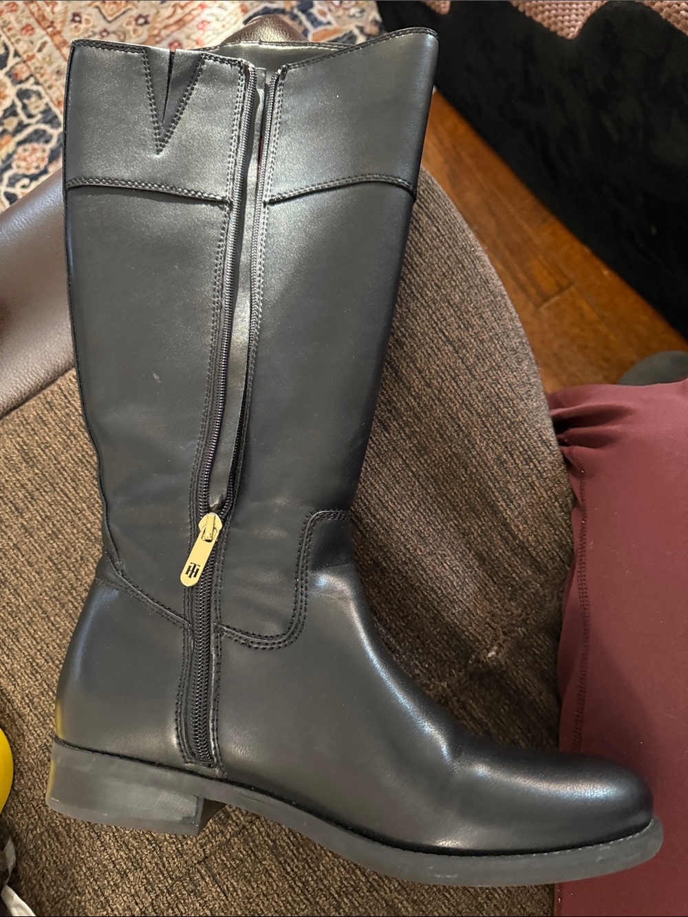 Tommy Hilfiger Black Mid-Calf Riding Boots with Gold Zipper Pull